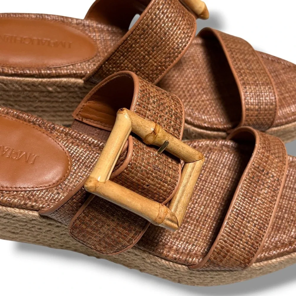 J.McLaughlin Womens Fleur Brown Woven Wedge Sandals Bamboo Buckle Slides